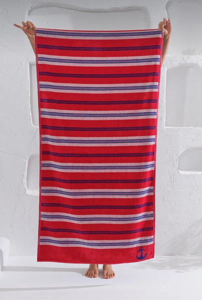 Striped red and navy blue beach towel (75x150cm)