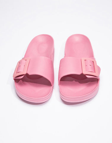 Wood pink big buckle slippers