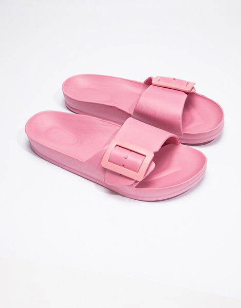 Wood pink big buckle slippers